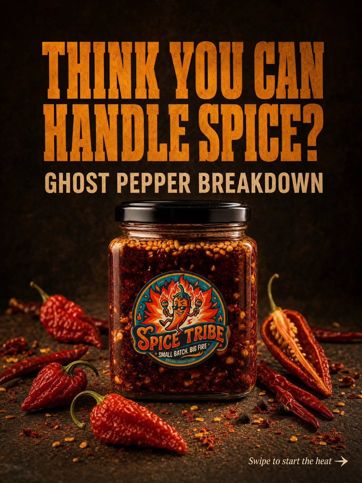 Ghost pepper jar with whole ghost peppers