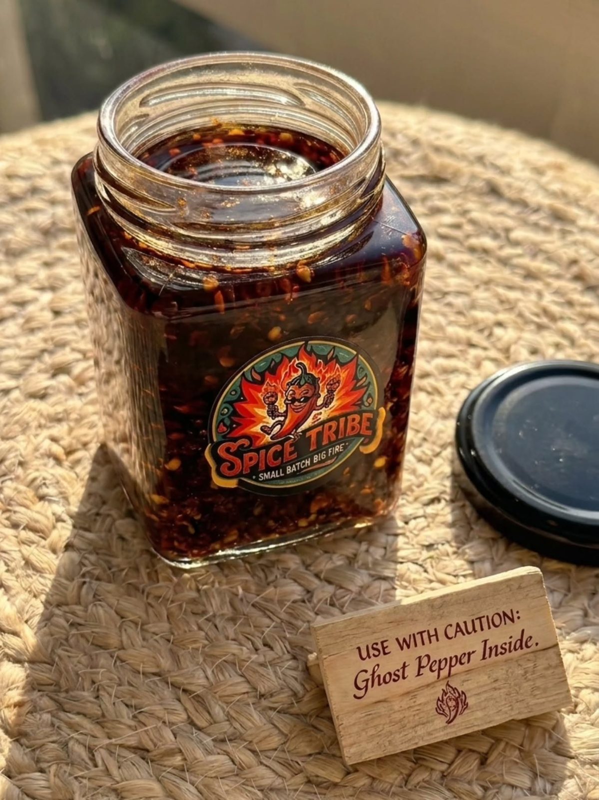 Open jar of chilli oil in afternoon sun