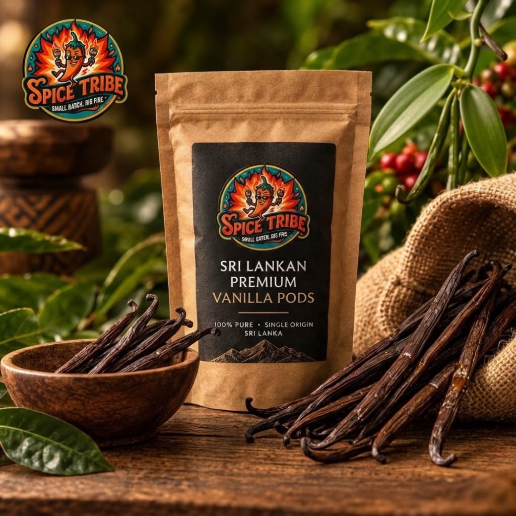 Spice Tribe Sri Lankan Vanilla Pods pouch with whole vanilla pods