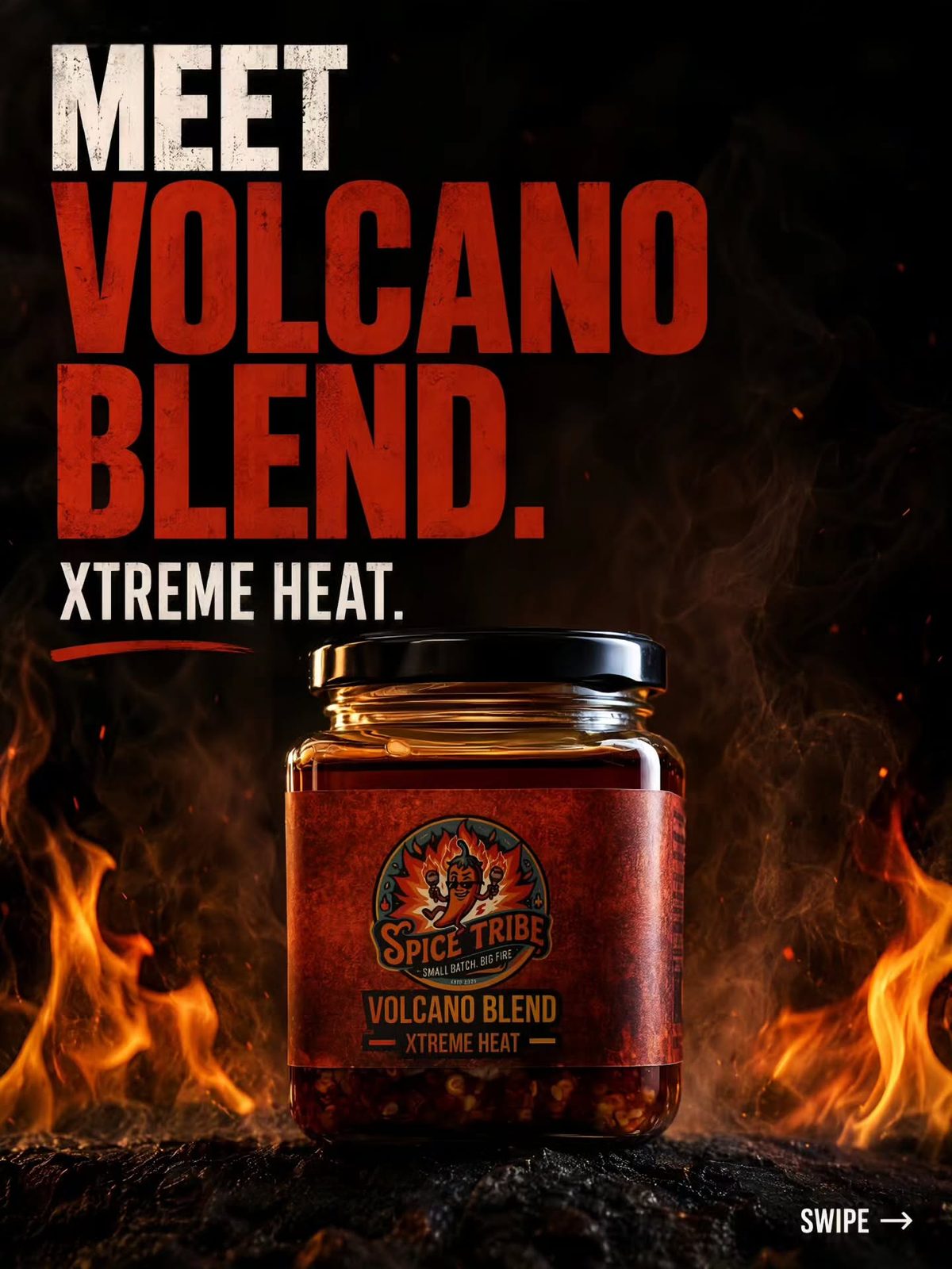 Volcano Blend chilli oil jar between flames